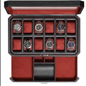 EXQUISITE Luxury leather watch / jewelry display case w/ WORKING LOCK AMD KEY!!